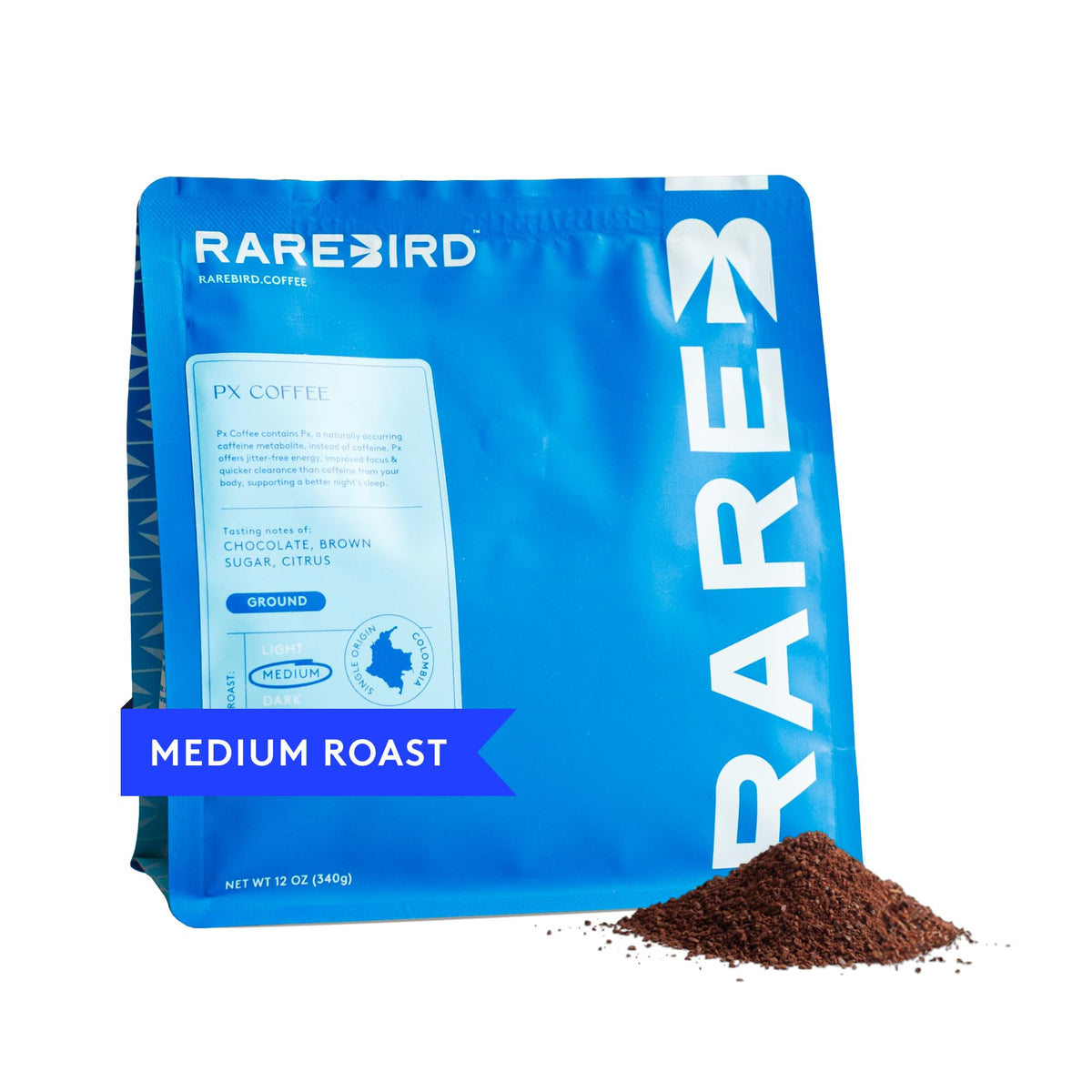 Rarebird Px Coffee 12oz bag with gentle, low-acid single-origin Arabica profile.