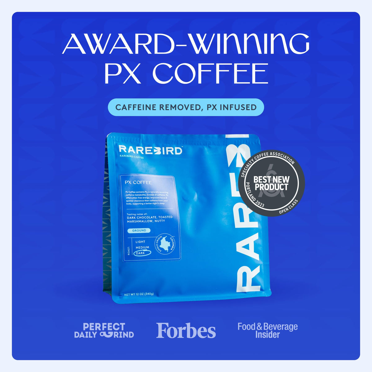 Rarebird Px Coffee bag highlighting low-acid profile and flavor notes
