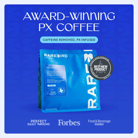 Rarebird Px Coffee bag highlighting low-acid profile and flavor notes