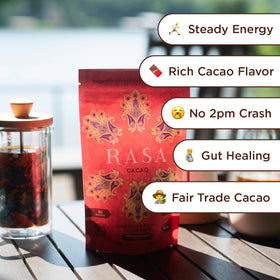 Rasa Cacao powder being poured into a mug for energy
