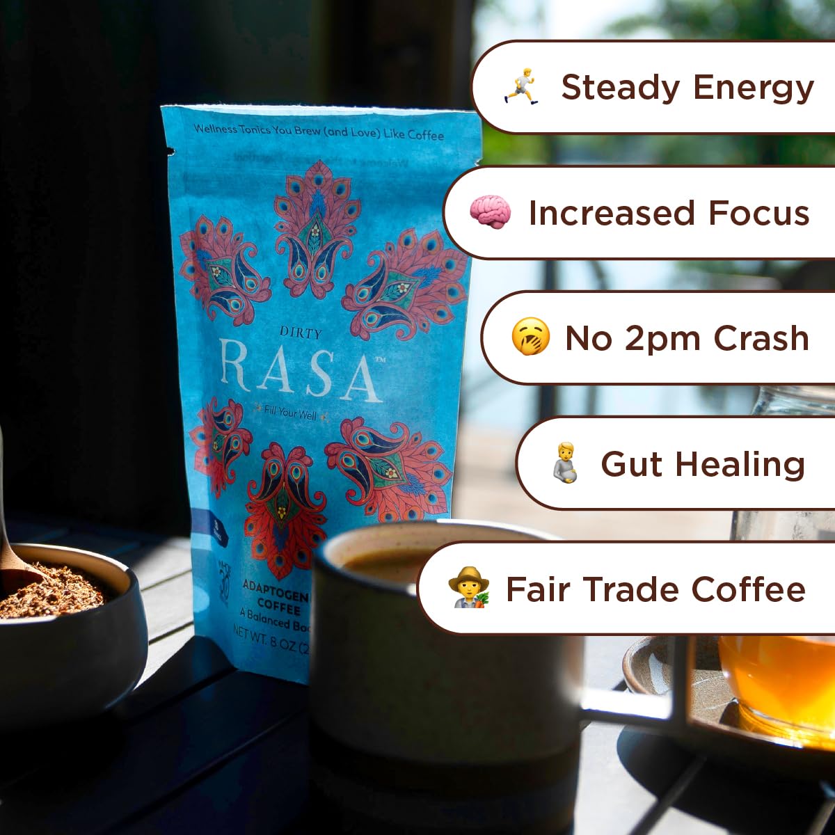 Rasa Dirty bottle back highlighting sourcing and ingredients