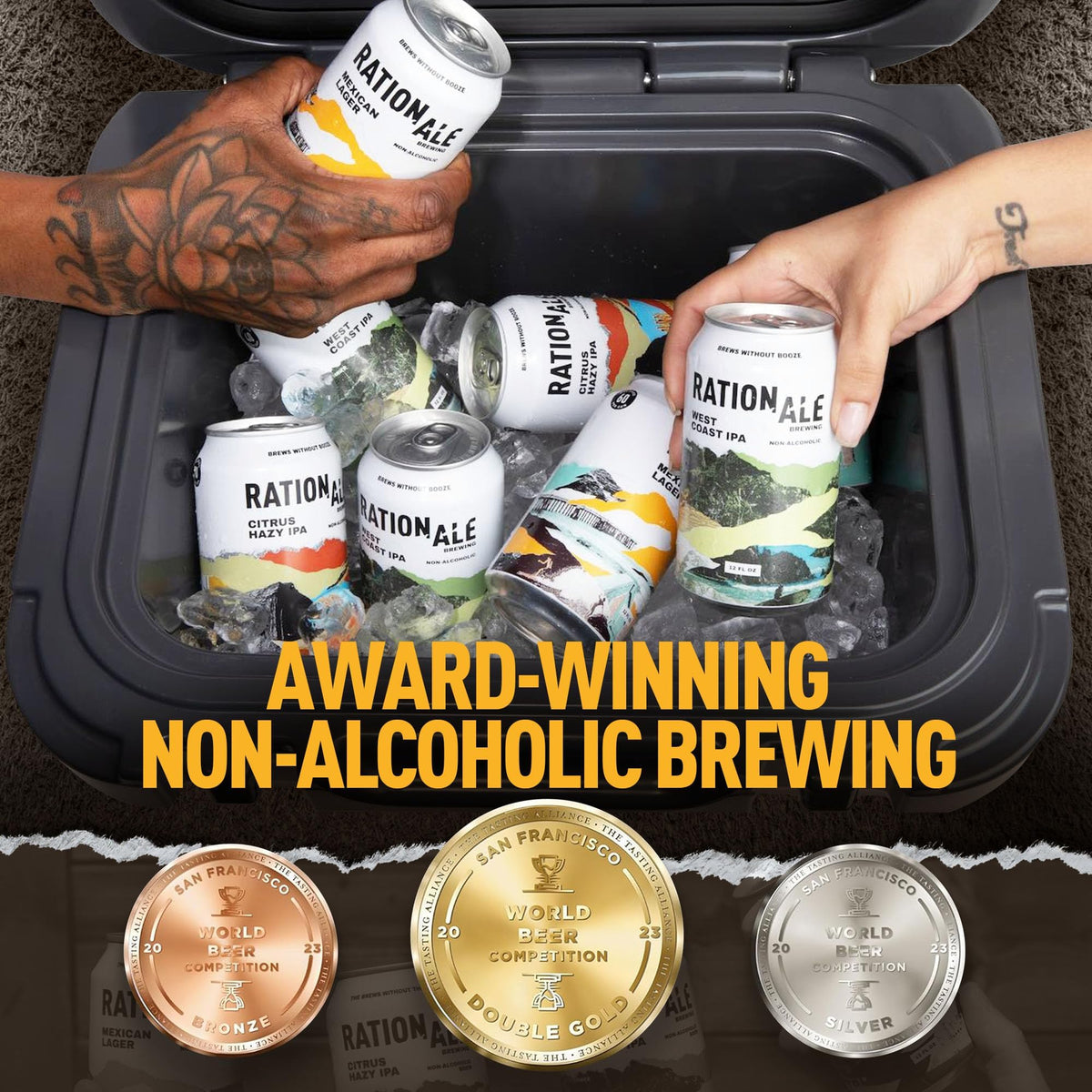 Rationale Brewing award badge on pack signals quality and recognition.