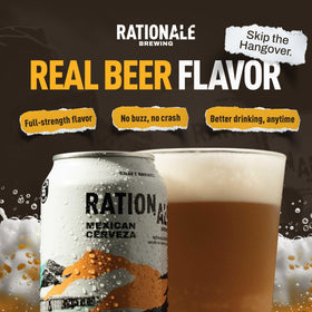 Rationale Brewing Kolsch can with glass suggests crisp, balanced flavor.