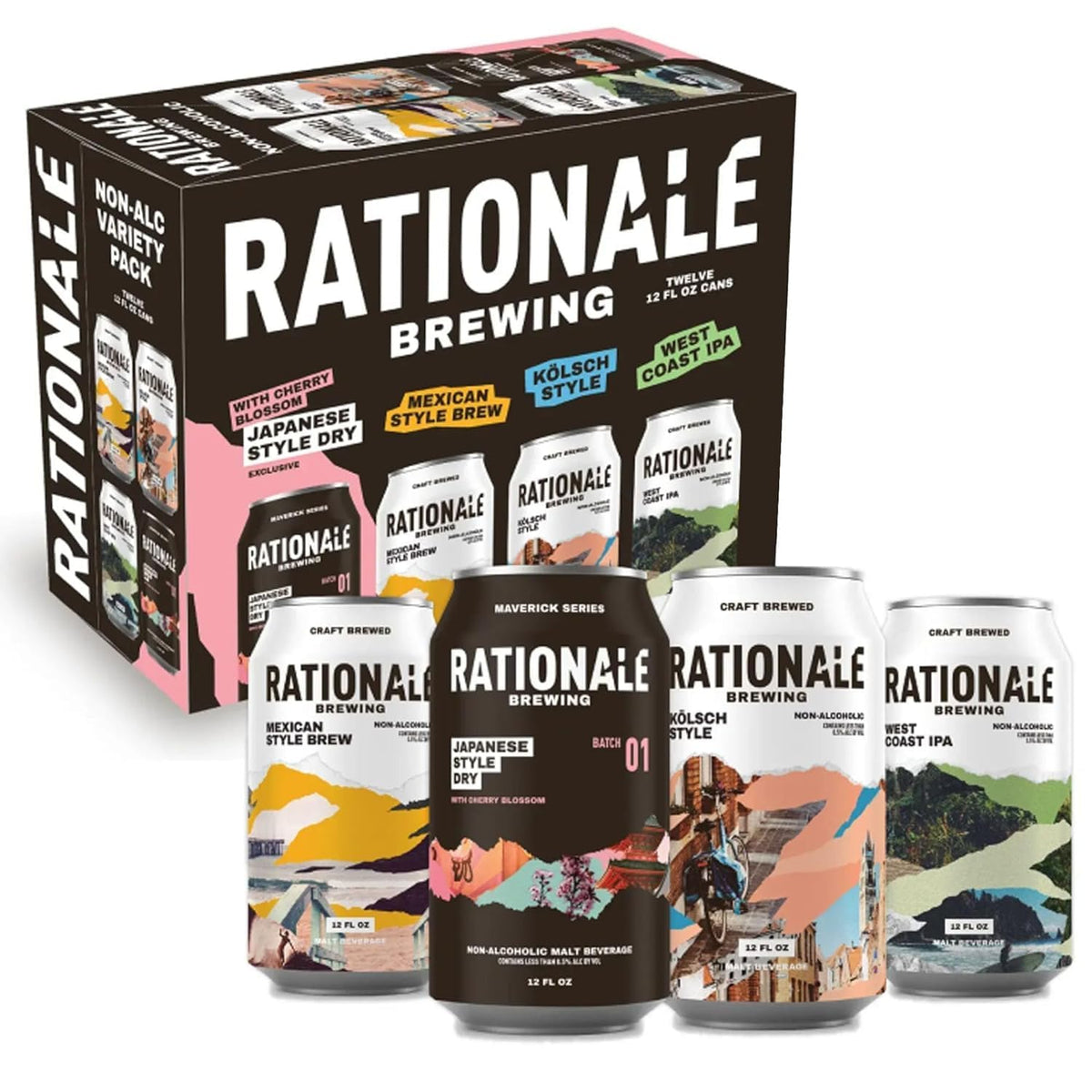 Rationale Brewing non-alcoholic variety 12-pack front display for easy tasting at gatherings.