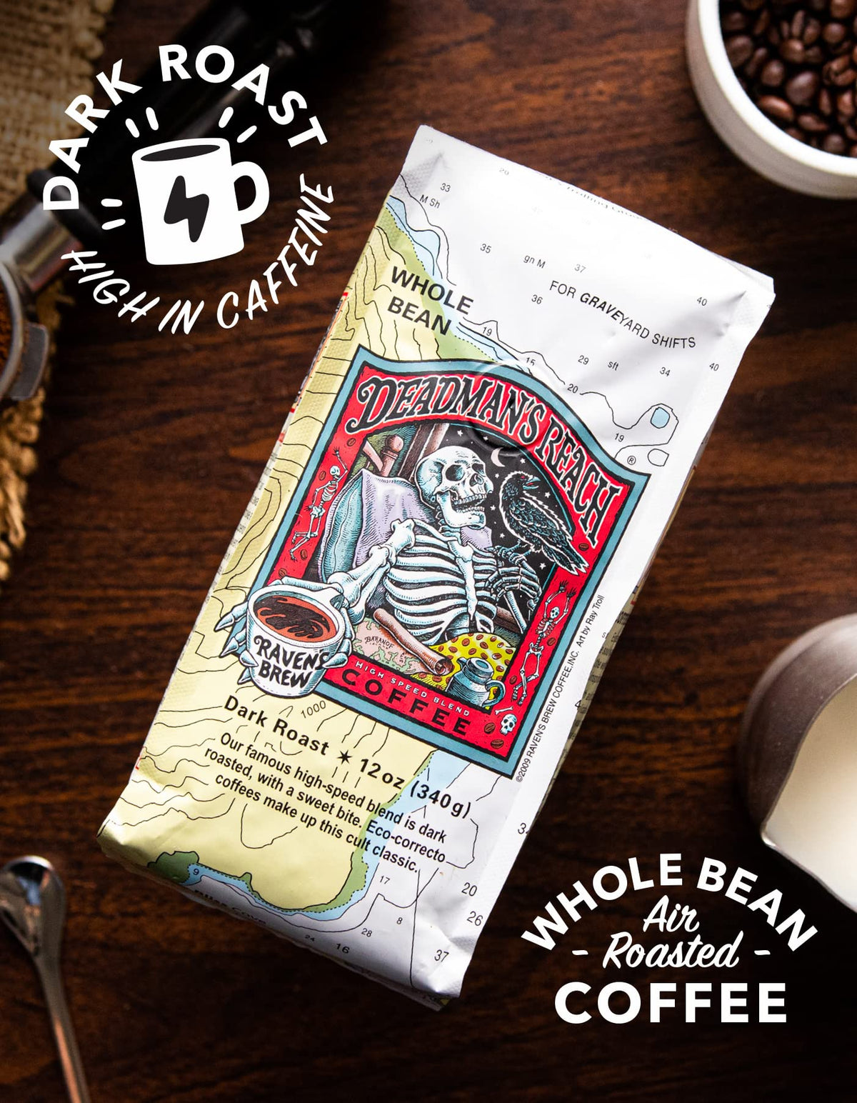 Raven's Brew Deadman's Reach coffee beans ready for grinding and brewing