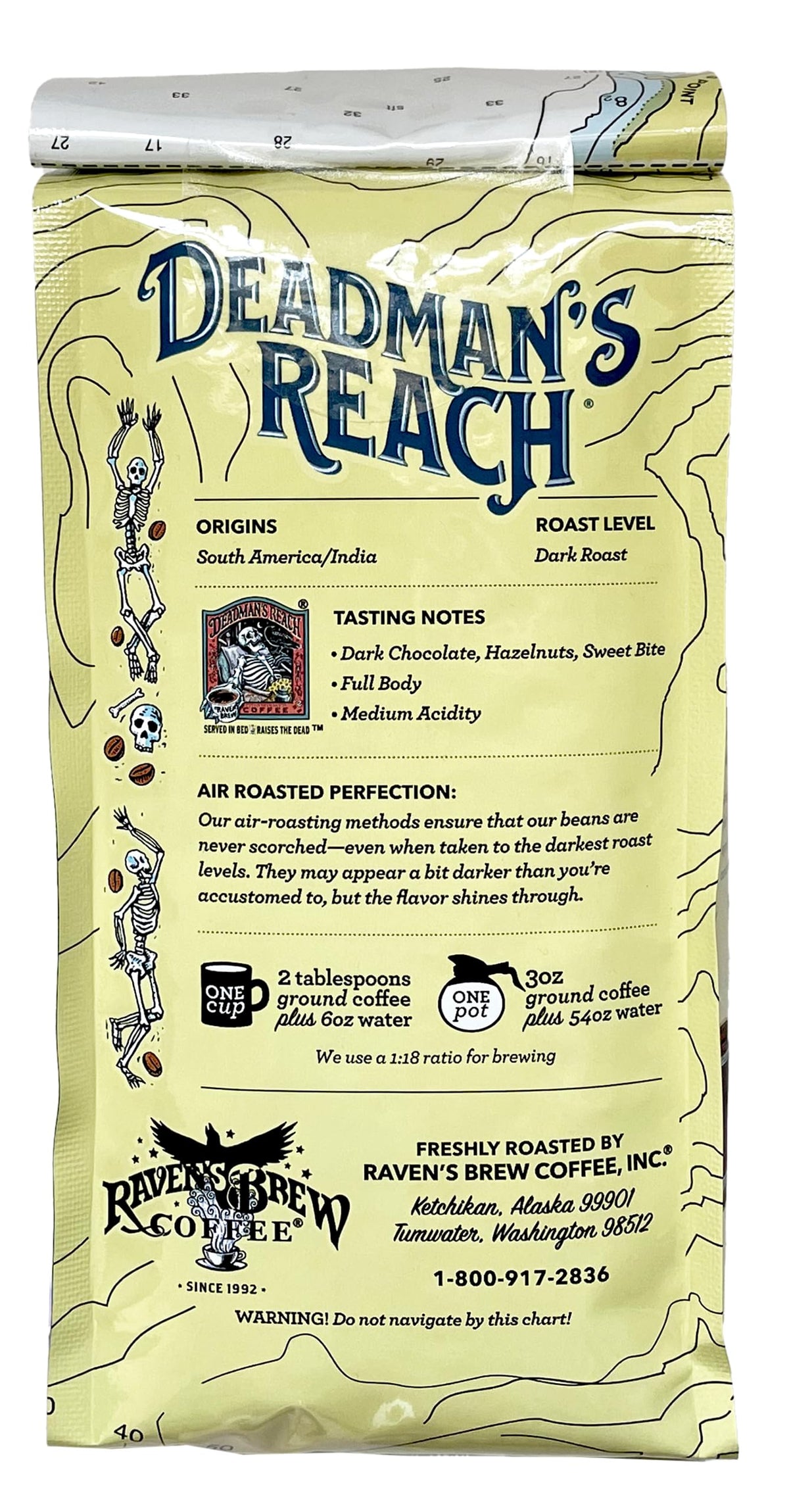 Raven's Brew Deadman's Reach dark chocolate hazelnut notes enrich every cup.