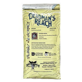 Raven's Brew Deadman's Reach ground coffee bag highlighting bold, full-bodied dark roast for drip or espresso.