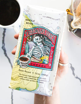 Raven's Brew Deadman's Reach one-way valve bag preserves aroma after opening.