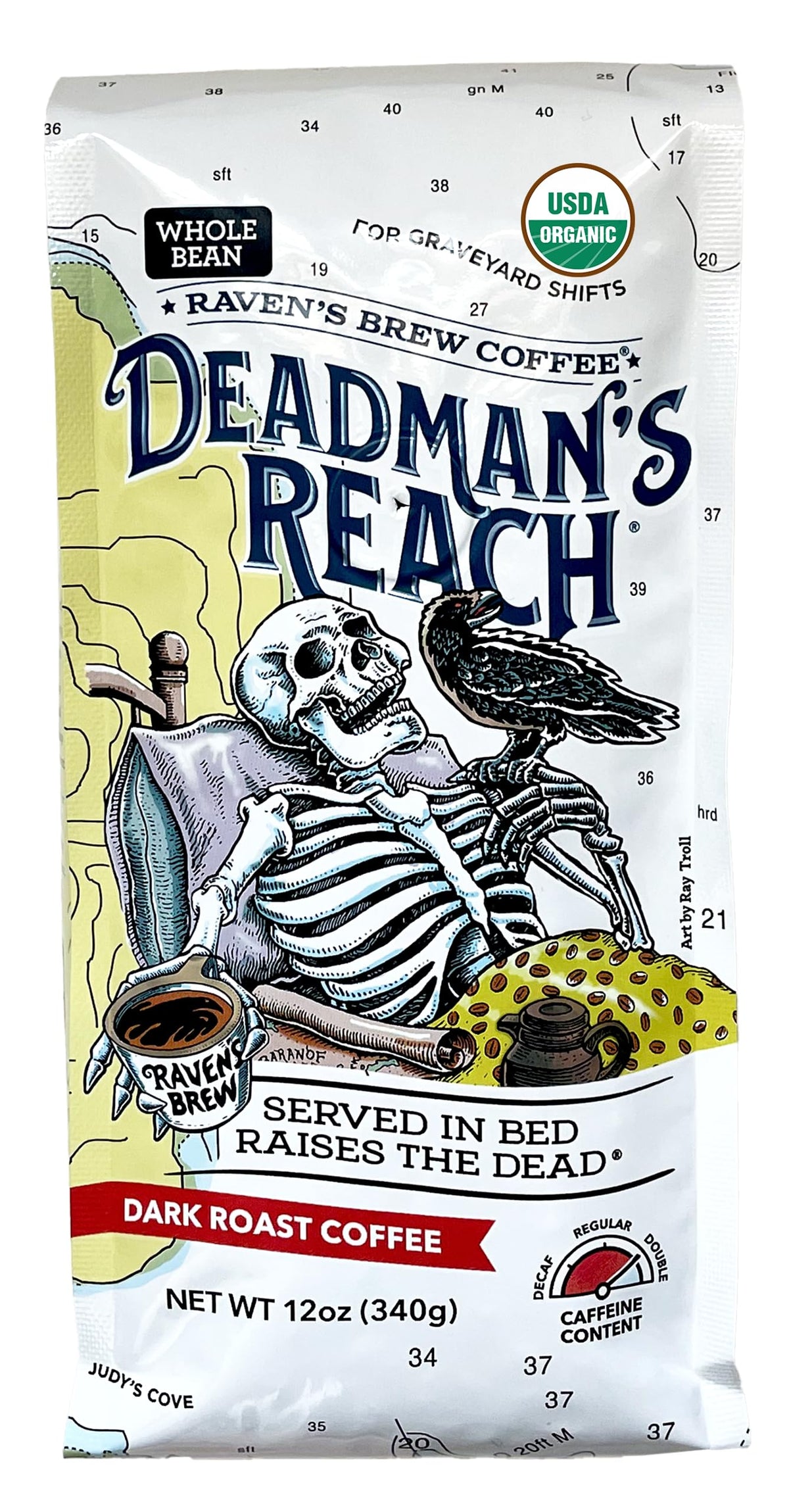 Raven’s Brew Deadman’s Reach pack shot showing fresh organic dark roast ready to brew