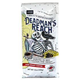 Raven's Brew Deadman's Reach packaging with a one-way valve preserves aroma for fresher coffee at home.