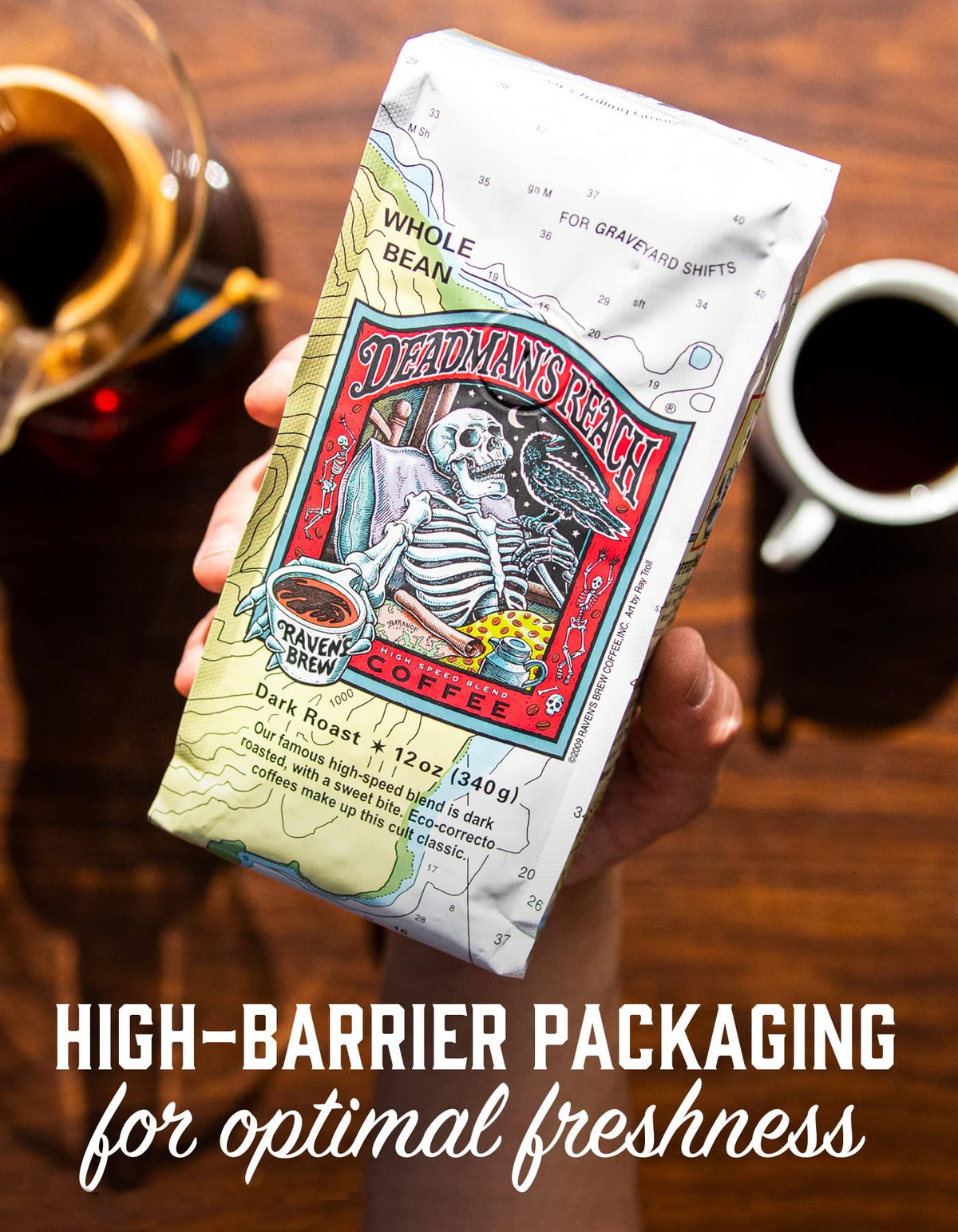 Raven's Brew Deadman's Reach dark roast close-up showing deep color and texture