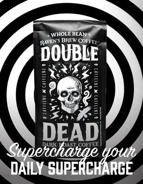Steam rising from Raven's Brew Double Dead cup, inviting aroma.