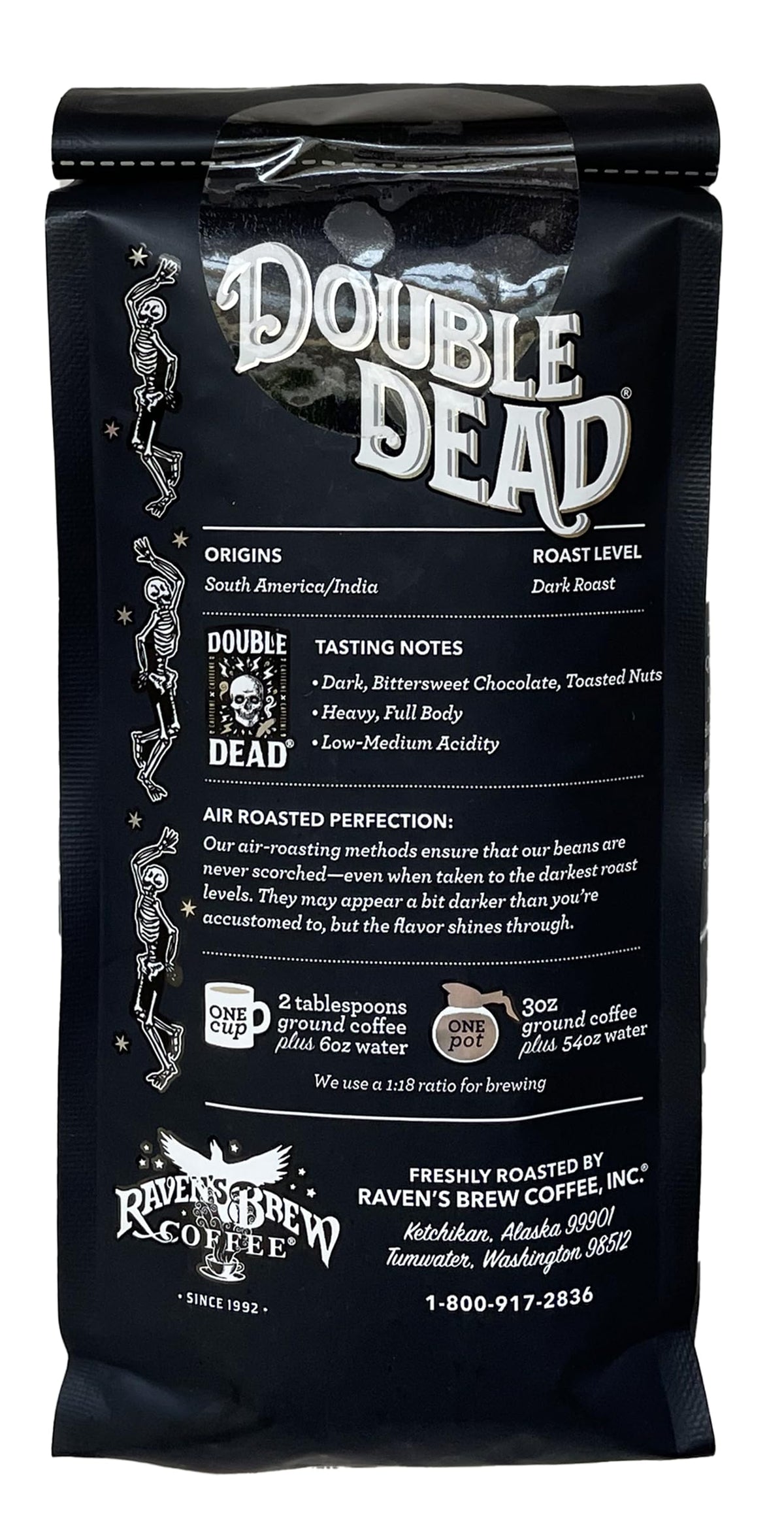 Label details of Raven's Brew Double Dead Dark Roast.