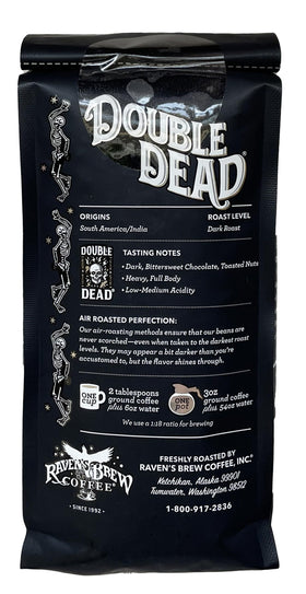 Label details of Raven's Brew Double Dead Dark Roast.