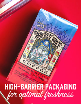 Raven's Brew fresh packaging with a one-way valve preserves aroma.