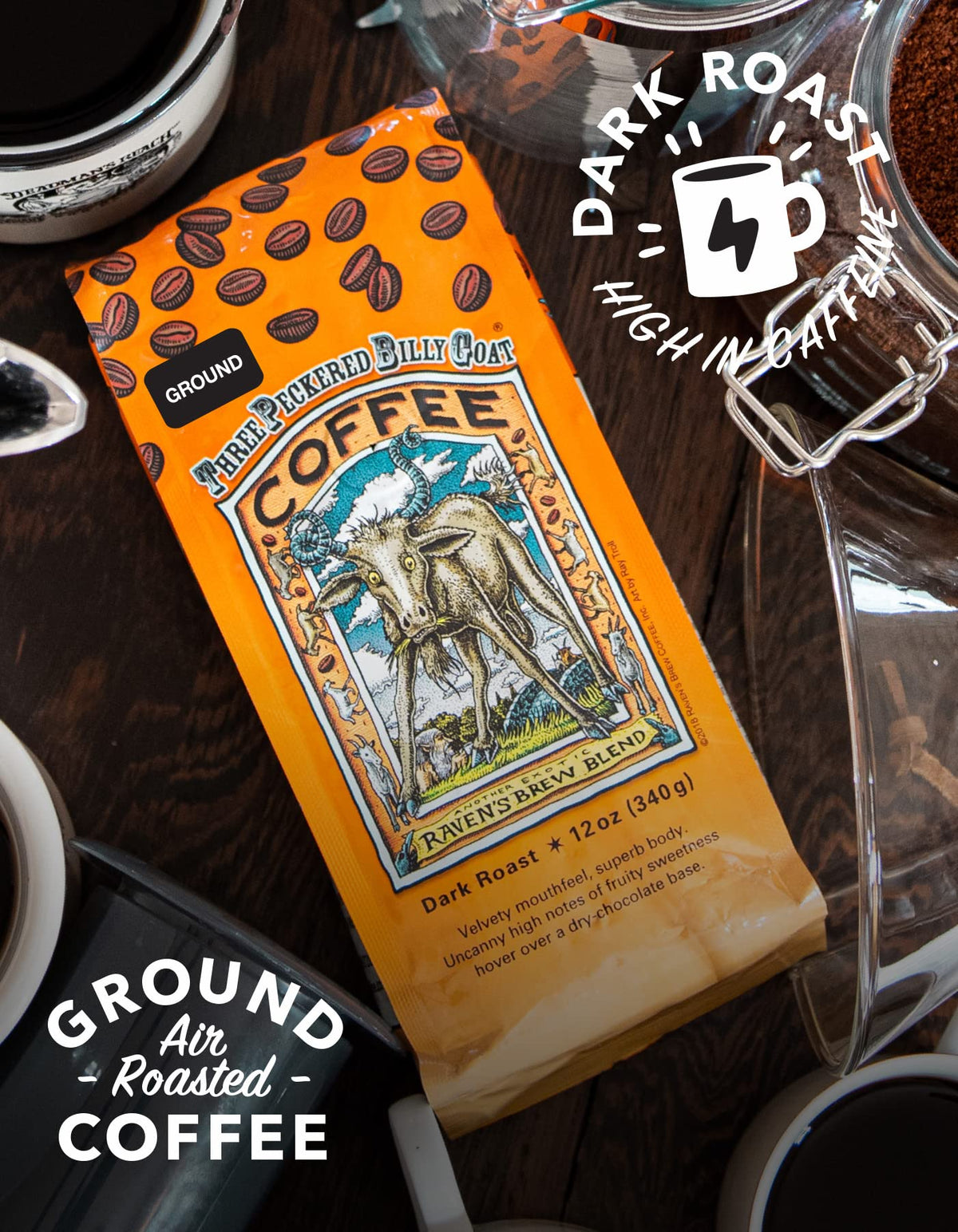 Raven's Brew high caffeine coffee ground in a cup