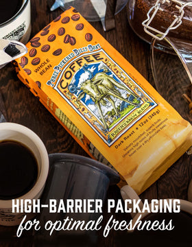 Raven's Brew Three Peckered Billy Goat coffee cup capturing a bold, long finish.