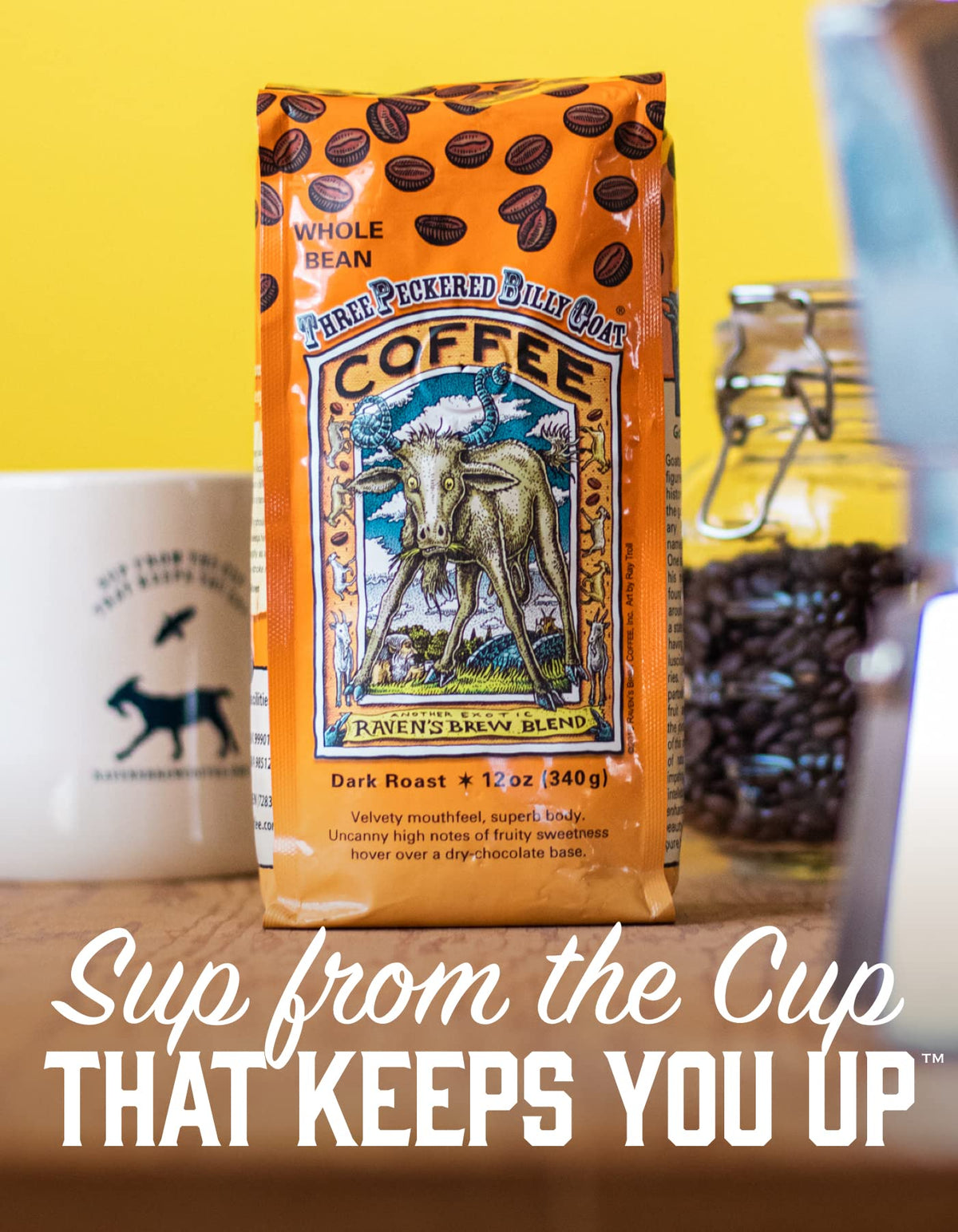 Raven's Brew Three Peckered Billy Goat coffee ground view for espresso-ready texture.