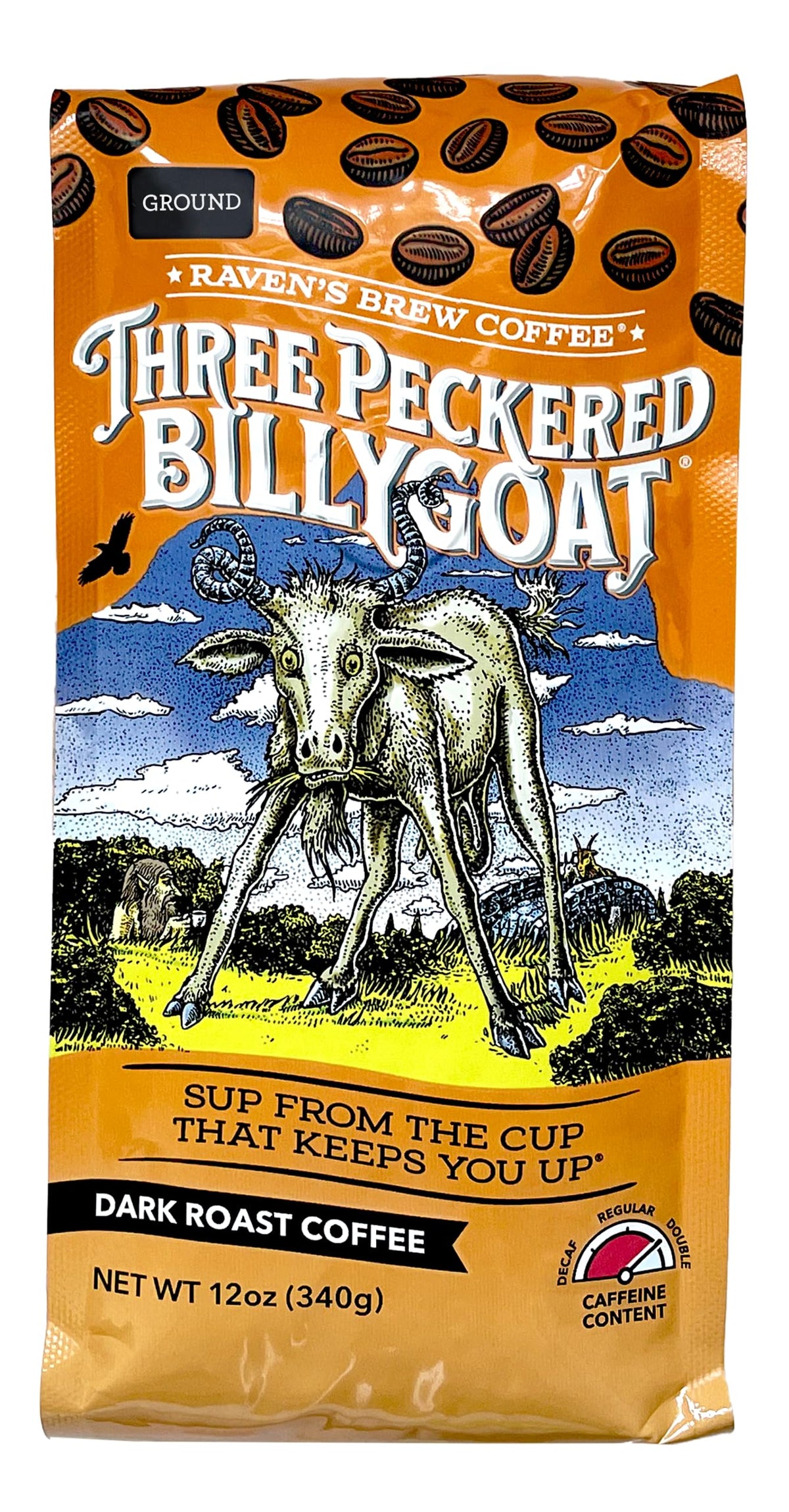 Raven's Brew Three Peckered Billy Goat dark roast bag with aroma-preserving valve