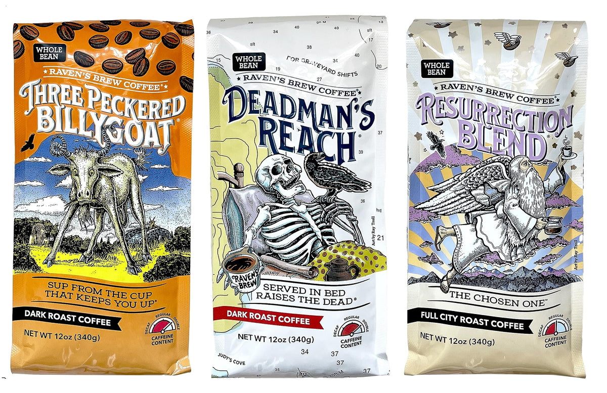Raven's Brew Resurrection Blend 12oz bag with rich aroma and smooth finish for home brewing.