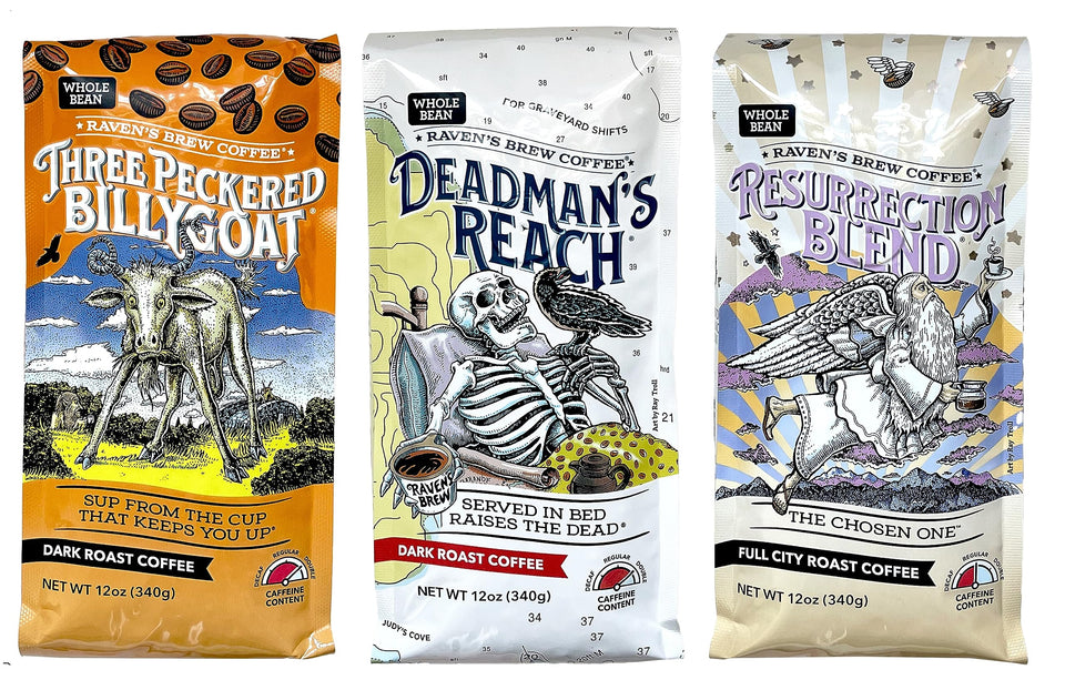 Raven's Brew Resurrection Blend 12oz bag with rich aroma and smooth finish for home brewing.