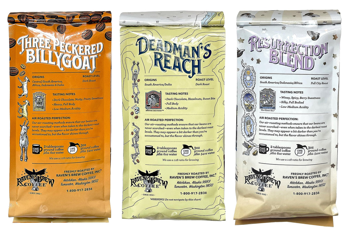Raven's Brew Three Peckered Billy Goat 12oz bag suited for a bold morning ritual.