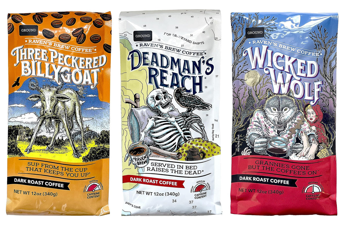 Raven's Brew Wicked Wolf 12oz ground coffee for bold, smooth mornings.