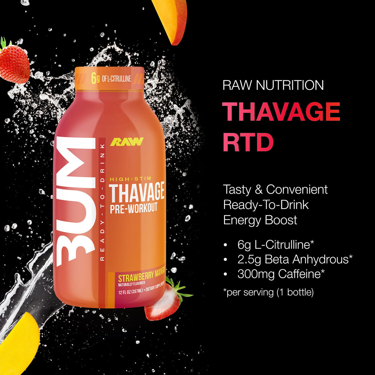RAW bottle label close-up showing beta alanine, L-citrulline, caffeine for performance.