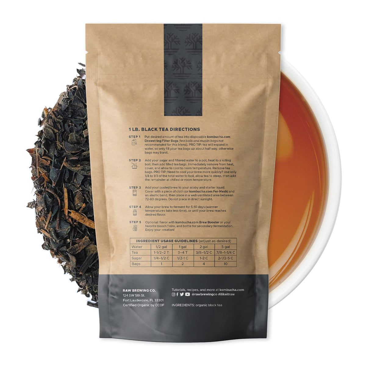 Raw Brewing Company certified organic tea bags highlight clean, sustainable ingredients for fermentation.