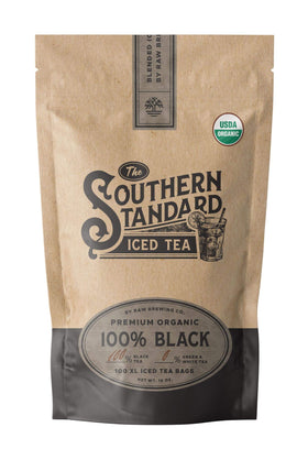 Raw Brewing Co Southern Standard tea bags packaging highlights eco-friendly design for sustainable brewing.