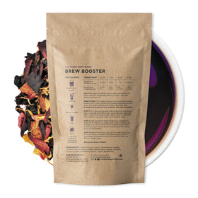 Raw Brewing Co Brew Booster packaging highlighting organic ingredients and no artificial flavors.
