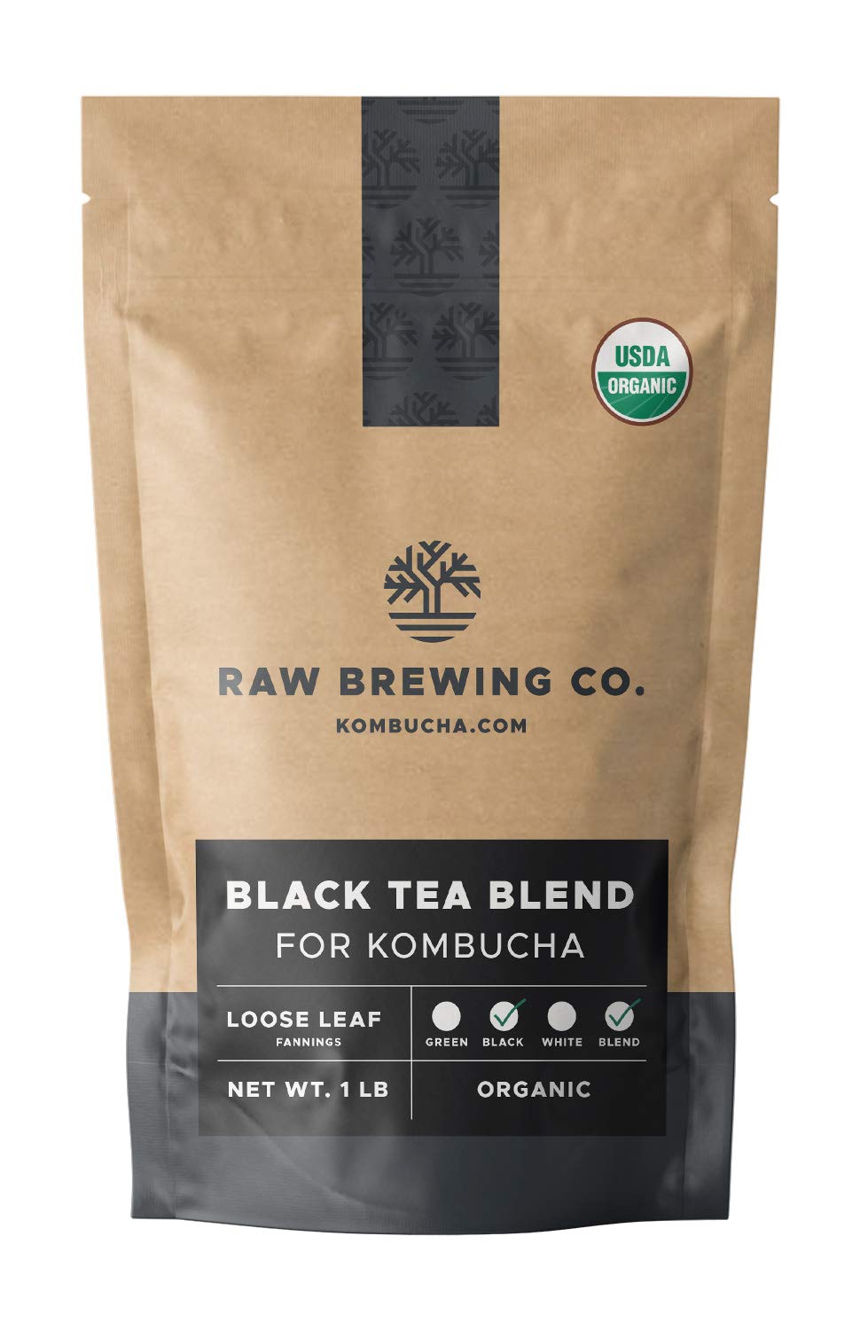 Raw Brewing Kombucha Tea Black Blend 1lb package suitable for consistent home fermentation.