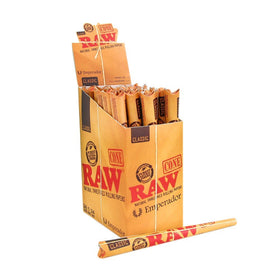 RAW Classic Emperador cone 24-count pack showing natural unrefined paper for easy filling
