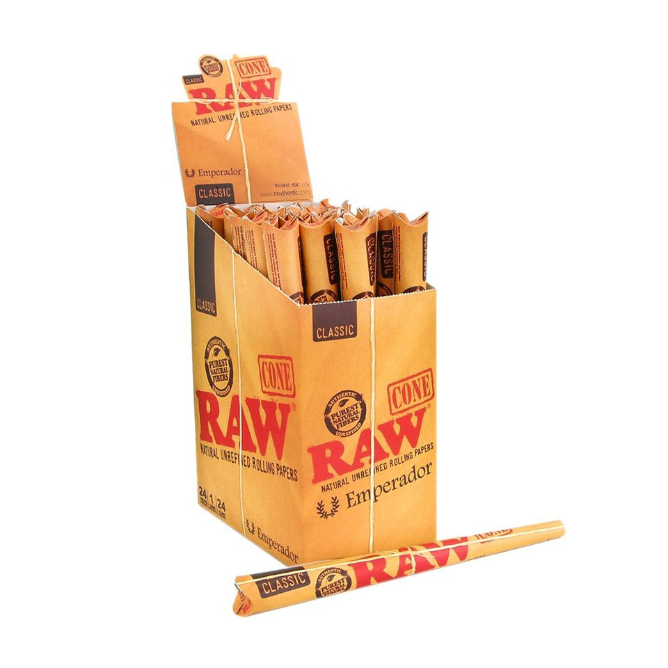 RAW Classic Emperador cone 24-count pack showing natural unrefined paper for easy filling