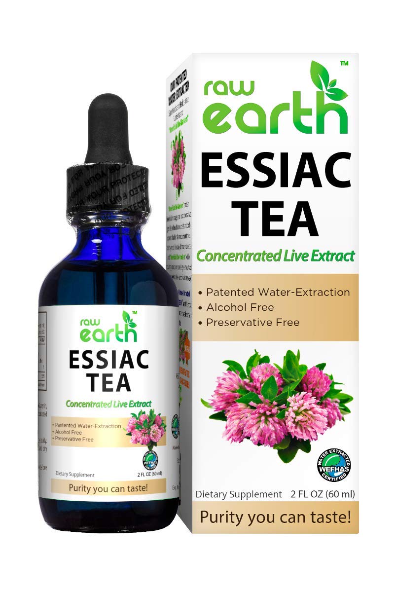 Raw Earth Essiac Tea Extract bottle showing concentrated live extract for easy sublingual use