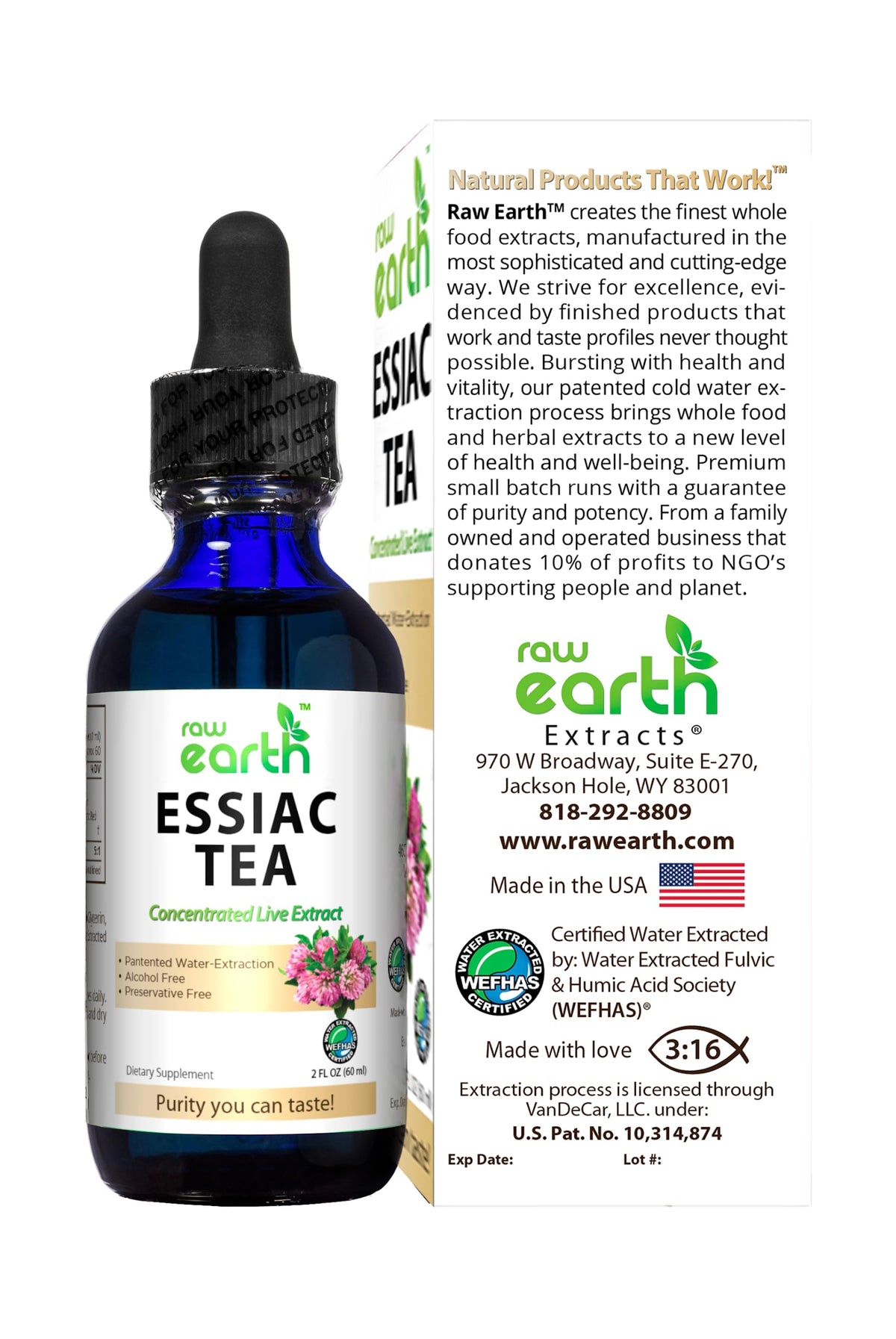 Raw Earth Essiac Tea Extract patented cold-water extraction process illustration