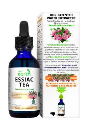 Eight-organic-herb blend label on Raw Earth Essiac Tea Extract featuring Burdock, Kelp, Red Clover, Sheep Sorrel