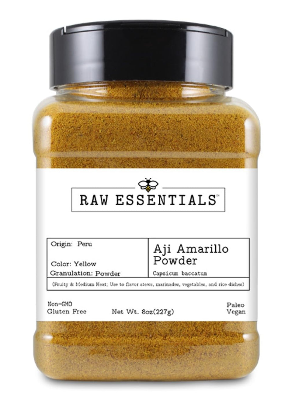 Raw Essentials Aji Amarillo Powder bottle front with vibrant label for bold meals.