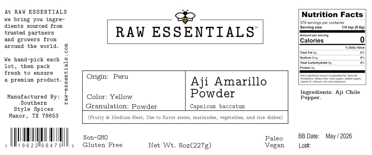 Raw Essentials Aji Amarillo Powder jar with resealable lid preserves freshness.