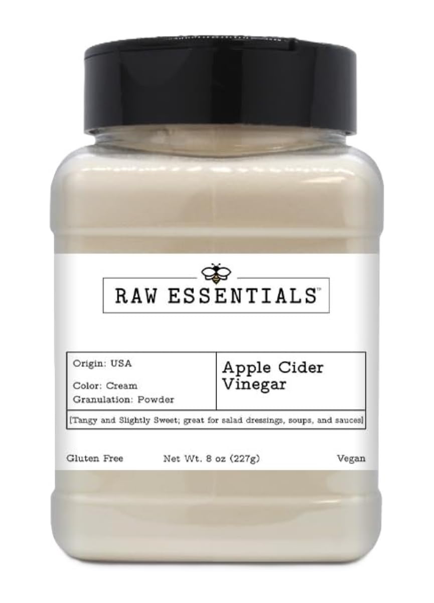 Raw Essentials Apple Cider Vinegar Powder bottle shows tangy flavor in dressings.