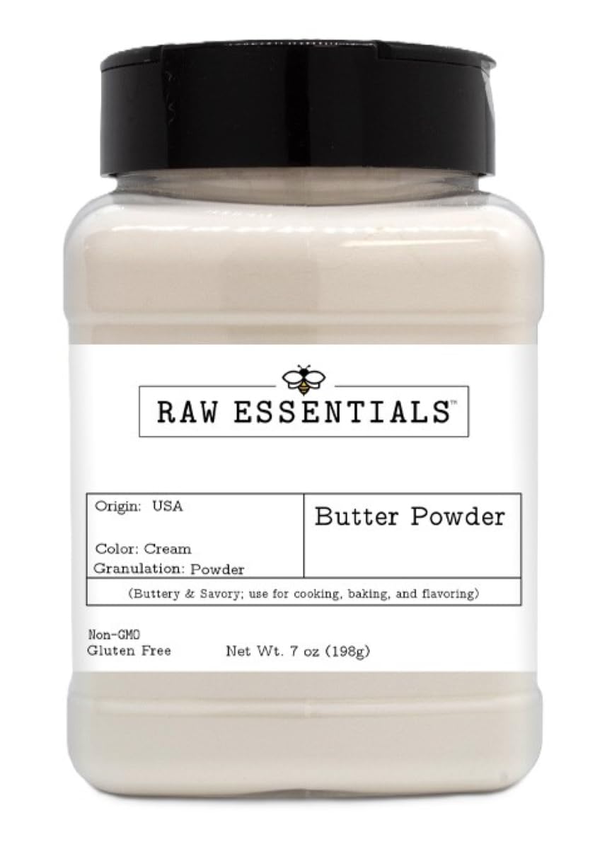 Raw Essentials Butter Powder bottle shown, convenient packaging keeps butter flavor ready in the pantry