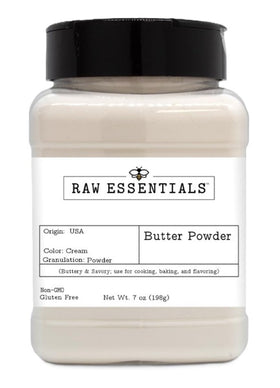 Raw Essentials Butter Powder bottle shown, convenient packaging keeps butter flavor ready in the pantry