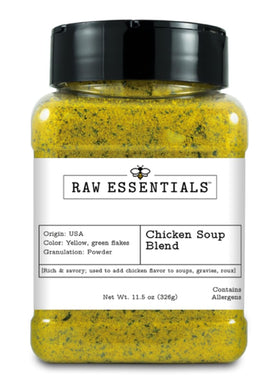 Raw Essentials Chicken Soup Blend bottle front showing robust flavor for soups.