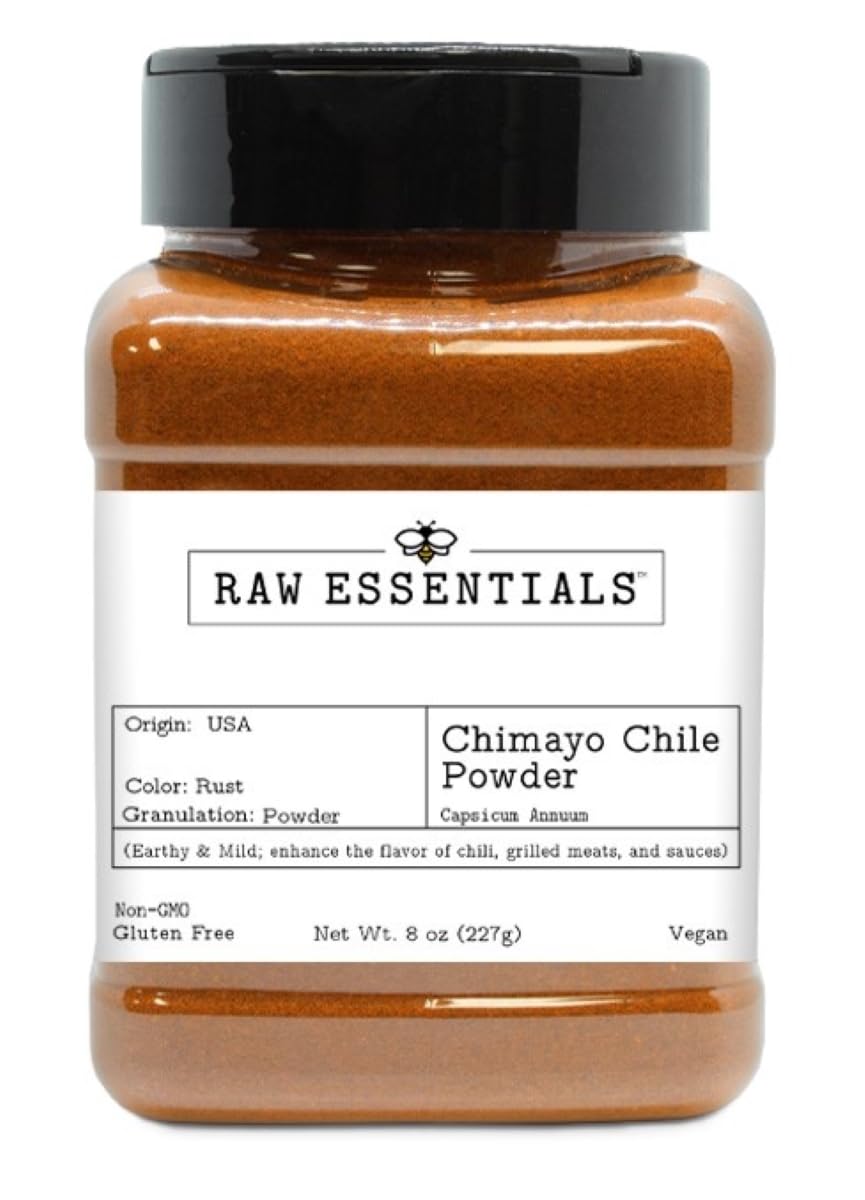 Raw Essentials Chimayo Chile Powder jar front view showing earthy aroma and authentic packaging