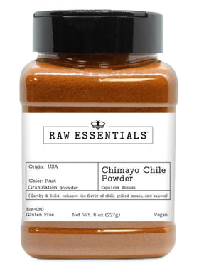 Raw Essentials Chimayo Chile Powder jar front view showing earthy aroma and authentic packaging
