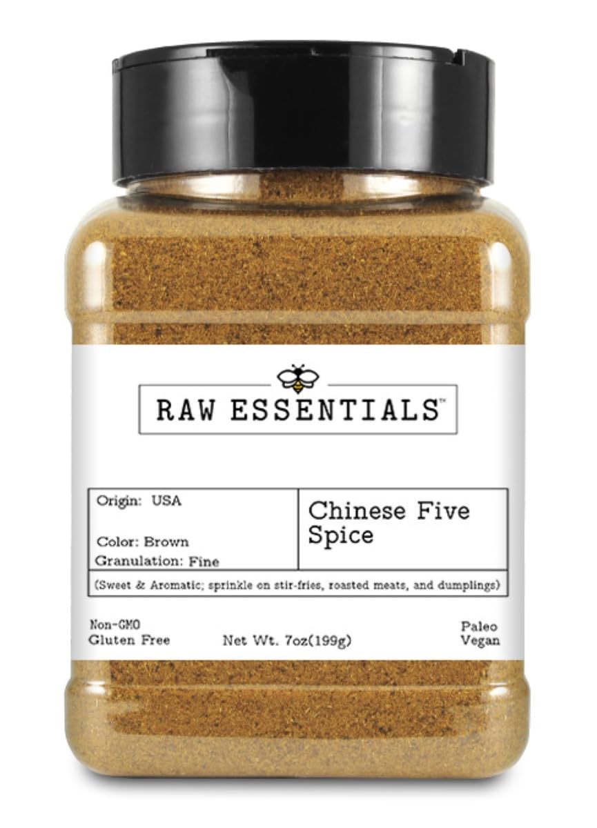 Raw Essentials Chinese 5 Spice bottle label for authentic stir-fry flavor.