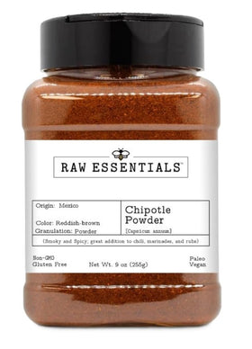 Raw Essentials Chipotle Powder bottle close up showing smoky flavor for bold cooking