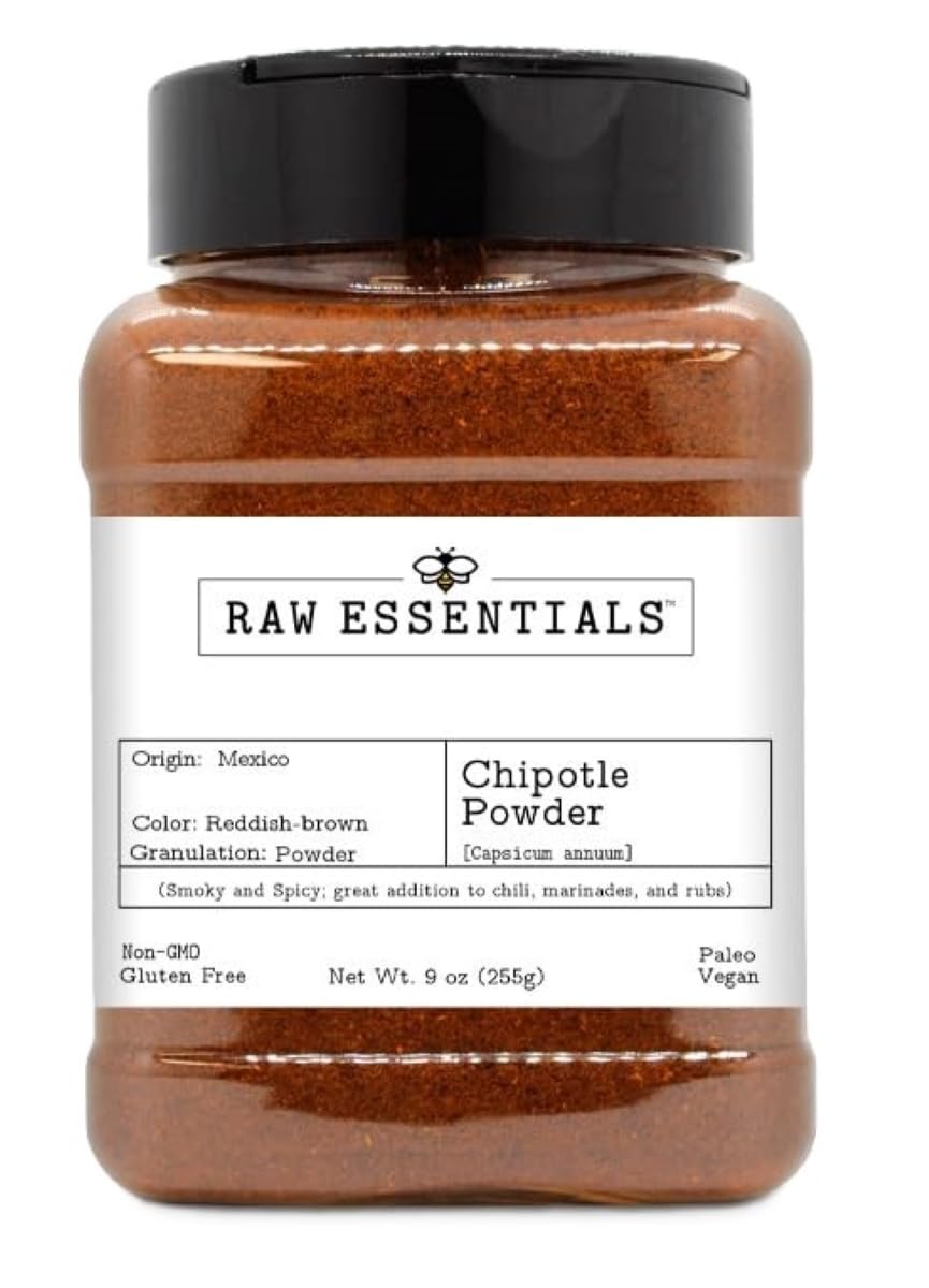 Raw Essentials Chipotle Powder bottle close up showing smoky flavor for bold cooking