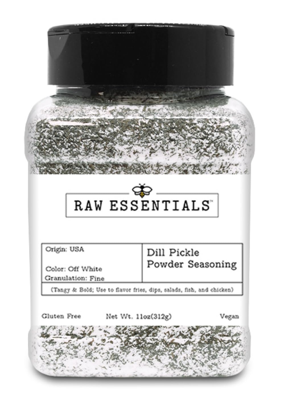 Raw Essentials Dill Pickle Powder bottle front for bold pickle flavor in meals