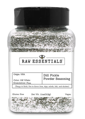 Raw Essentials Dill Pickle Powder bottle front for bold pickle flavor in meals